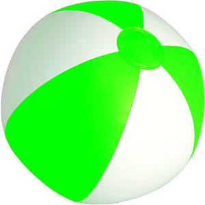 A beach ball featuring bright green and white panels, designed for leisure and outdoor activities.