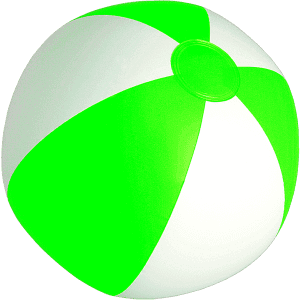A beach ball featuring bright green and white panels, round in shape, with a central inflation valve and branding.