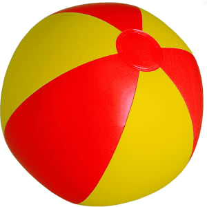 A brightly coloured beach ball with red and yellow panels, featuring a circular valve.