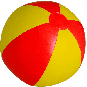 A bright red and yellow beach ball with a circular design and a central valve. It features a logo on one side.