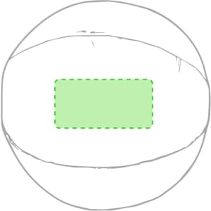 A beach ball featuring a circular design with a green rectangular section in the centre. It has a logo.
