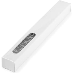 A white box with a transparent window, containing a hand fan. The design features a simple, elegant pattern.