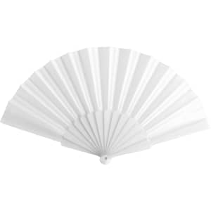 A white hand fan with a pleated design and a central pivot for opening and closing.