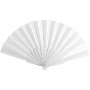 A white hand fan with a pleated design, featuring a round handle and a logo.