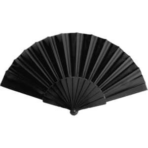 A black hand fan with an intricate pleated design and a rounded handle, featuring a logo.