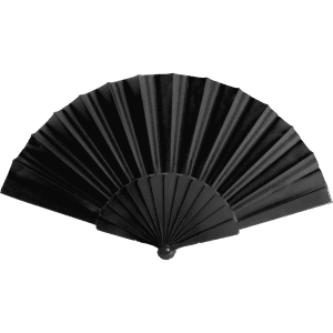 A black hand fan with a pleated design and a rounded handle, featuring a subtle logo.
