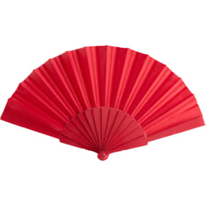 A red hand fan with a pleated design and a rounded handle, featuring a simple, elegant appearance.