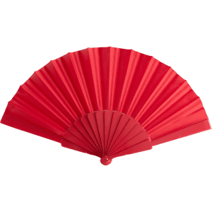 A red hand fan with pleated sections and a circular handle, featuring a logo. Ideal for leisure and outdoor use.