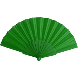 A green hand fan with pleated design, featuring a circular handle and a logo on the fan's base.