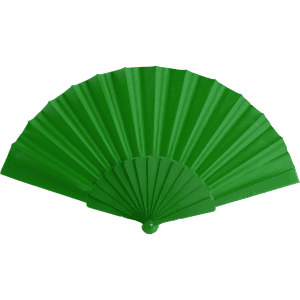 A green hand fan with a pleated design and a central ring. It features a logo on its handle.