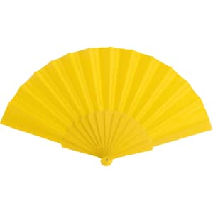 A yellow hand fan with a pleated design and a circular closure. It features a logo.