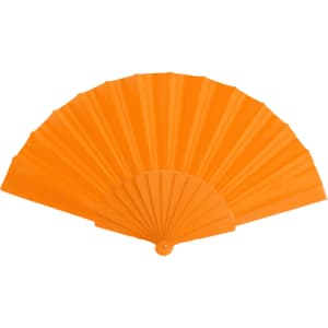 An orange hand fan with a pleated design, featuring a central pivot for opening and closing.