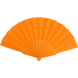 An orange hand fan featuring a ribbed design, with a circular base for holding.