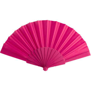A pink hand fan with a pleated design and a round handle, featuring branding on the handle.