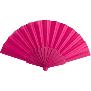 A pink hand fan with pleated design and a round handle, ideal for leisure and outdoor activities.