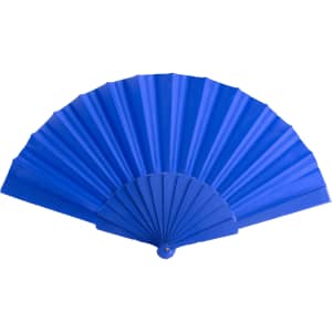 A blue hand fan with a pleated design and a round handle, featuring a logo on the handle.