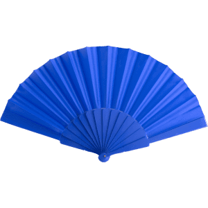 A blue fan with pleated design, featuring a circular handle and a logo. Ideal for leisure and outdoor use.