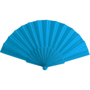 A blue hand fan with a pleated design and a round button, featuring a logo. Ideal for leisure and outdoor use.