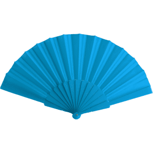 A blue handheld fan featuring a pleated design and a circular handle, with a logo present.
