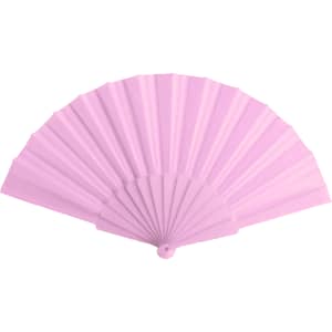 A pink handheld fan with a pleated design and a round handle, featuring a logo.