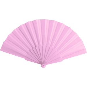 A pink hand fan with a pleated design and a round handle, featuring a logo on the side.