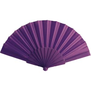 A purple hand fan with pleated design, featuring a round handle and a logo on the base.