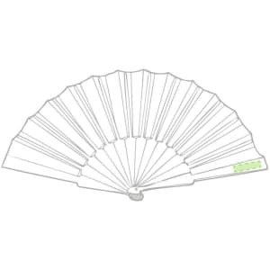 A hand fan with multiple pleats, featuring a light green detail, designed for leisure and outdoor use.