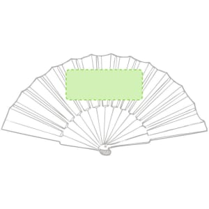 A hand fan with a light green centre and multiple pleated sections, featuring a sturdy base and logo.