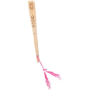 A wooden hand fan with a cut-out design and vibrant pink tassels. It features a logo on the handle.
