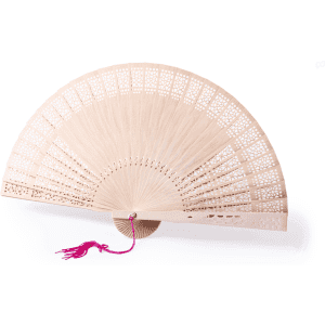 A wooden hand fan with intricate cut-outs, featuring a light wood colour and a pink tassel attached.