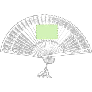 A decorative hand fan with an intricate design and a central area for custom branding.