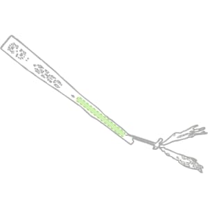 A green and silver Madera Hand Fan featuring decorative patterns and tassels at the end.