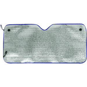 A reflective sunshade with a silver surface and blue trim, designed for leisure and outdoor use. It features two fastening points.