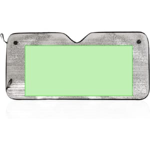A silver sunshade with a green centre, featuring black edging and two securing straps at the top.