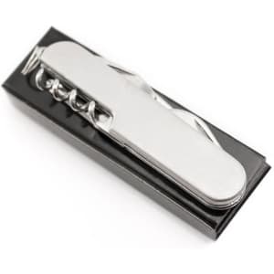 A silver multifunction pocket knife with various tools, presented on a black packaging.