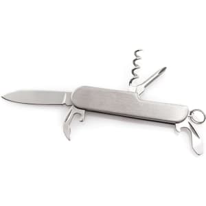 A silver multifunction pocket knife featuring a blade, corkscrew, and claw tool, with a keyring attachment.