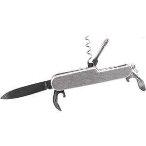 A silver multifunction pocket knife featuring a knife, corkscrew, and additional tools with a keyring attachment.