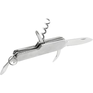 A silver multifunction pocket knife with a corkscrew, knife blade, and bottle opener, featuring a keyring attachment.