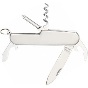 A silver multifunction pocket knife featuring a corkscrew, screwdriver, and two blades, with a keyring attachment.