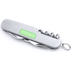 A silver multifunction pocket knife with a corkscrew and a keyring attachment. It features a blank area for personalisation.