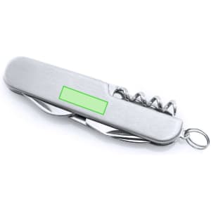 A stainless steel multifunction pocket knife with a corkscrew and keyring attachment. It features a blank area for branding.