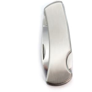 A silver pocket knife with a sleek design, featuring a metal finish and a clip for attachment.