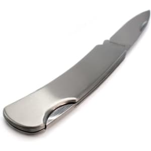 A stainless steel pocket knife with a sleek design and a curved handle, suitable for keyrings.