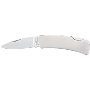A silver, stainless steel pocket knife with a sleek, ergonomic design and a folding blade.