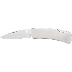 A silver stainless steel pocket knife with a sleek handle and a single blade, featuring a logo.