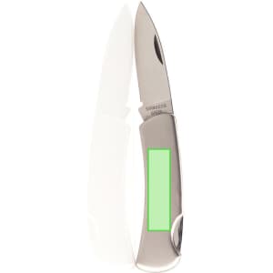 Acer pocket knife with a silver stainless steel finish and a folding blade, featuring a green handle section.