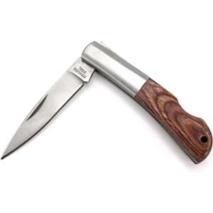 A pocket knife with a stainless steel blade and a wooden handle, featuring a sleek design and a logo on the side.