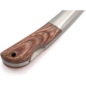 A pocket knife with a wooden handle and a shiny stainless steel blade, featuring a brass detail.
