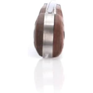 A compact pocket knife featuring a wooden handle and metal accents, showcasing a sleek design.