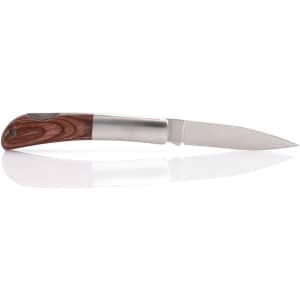 A pocket knife with a stainless steel blade and a wooden handle, featuring a logo on the handle.